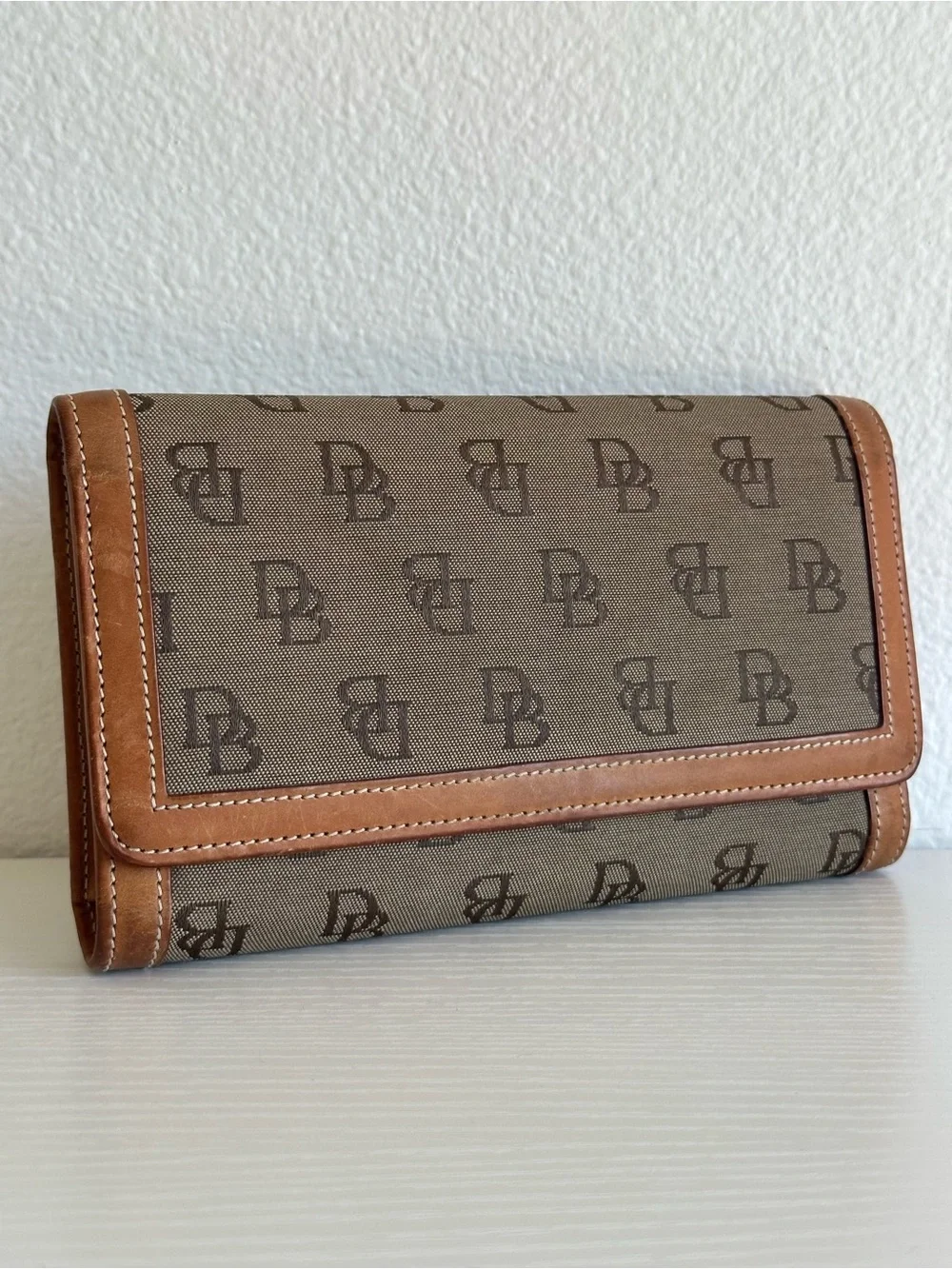 Dooney and Bourke Pattern Vintage Brown Canvas & Tan Leather Clutch Wallet